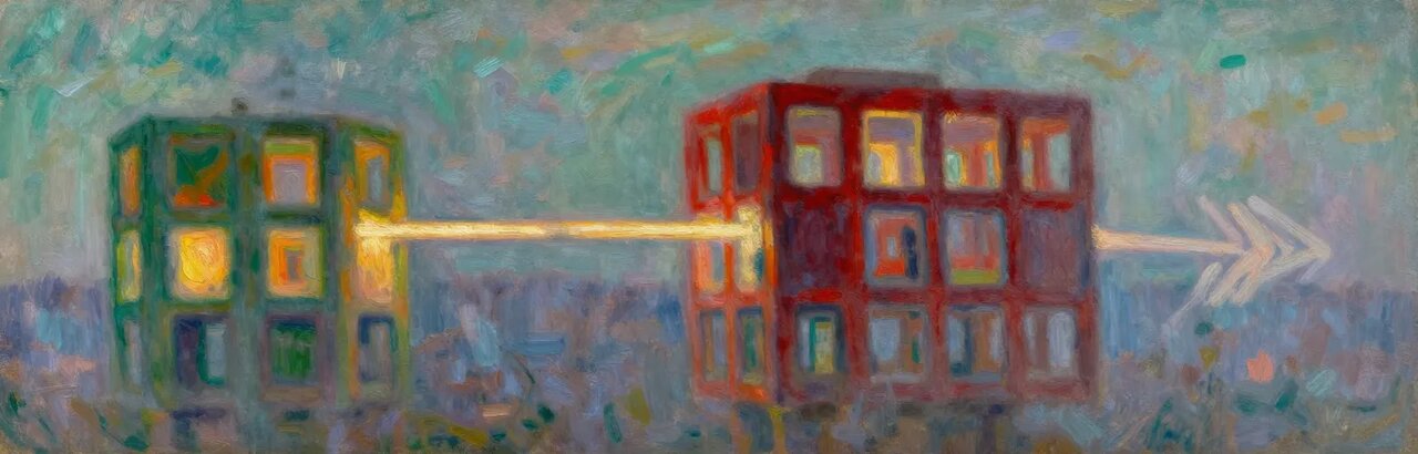 Impressionist painting depicting two buildings connected by a one-way beam of light, representing the restricted host and sandbox host architecture