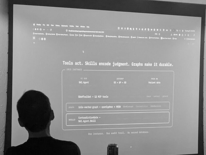 Slide reading "Tools act. Skills encode judgment. Graphs make it durable." above a single IRIS instance box containing an AI hub, interop and FHIR columns, a 12-tool MCP set, a graph row and a skills row