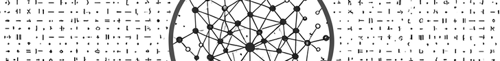 Grayscale field of small abstract code-symbol marks with a thin circular magnifier outline revealing a denser cluster of connected nodes underneath