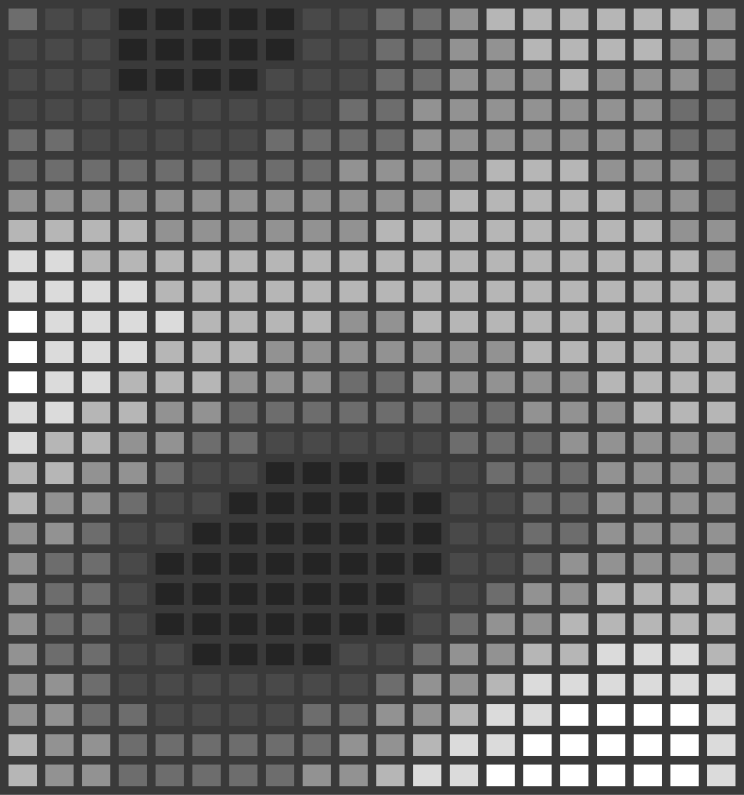 The arcade display, 20 by 26 cells in eight grey levels, rendered from a live DOM snapshot at frame 772 of the plasma demo