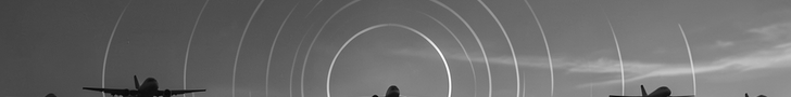 ADS-B flight tracking banner — aircraft silhouettes streaming horizontally with concentric radio-wave arcs from an SDR antenna