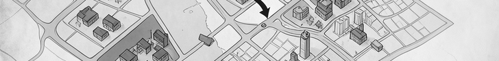 Domain-driven design banner — bounded contexts as walled city districts with context-map arrows