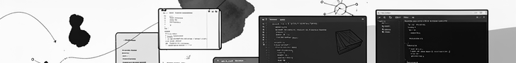 wal.sh site banner — abstract personal-research-archive aesthetic with terminal windows, code blocks, and notebook silhouettes